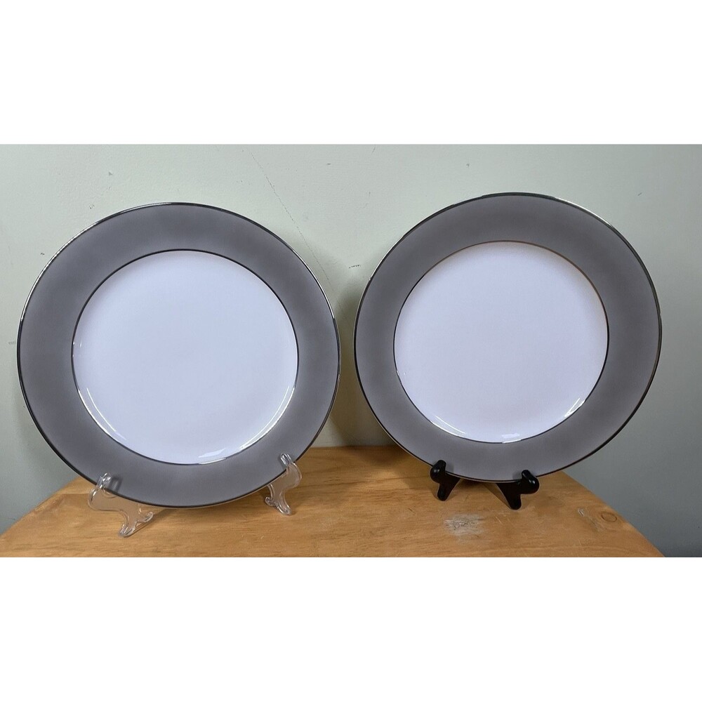 Vtg Sango Platina Japan Gray Platinum 10" Dinner Plates Set of 2 Elegant 1950s